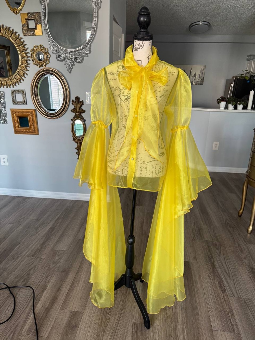 Sheer yellow Tie-Neck Bell Sleeve Blouse